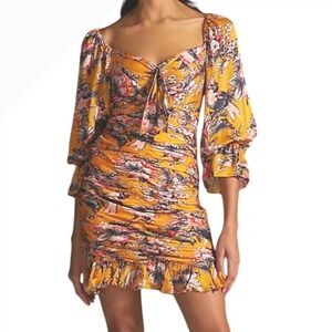 $190 RANNA GILL ANTHROPOLOGIE Mini Dress Yellow Floral Print Ruched Boho MED EUC